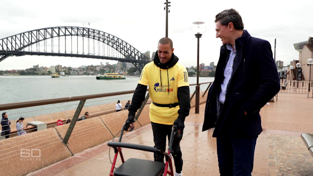 An electrical implant at the base of his spinal cord allows David to walk. 