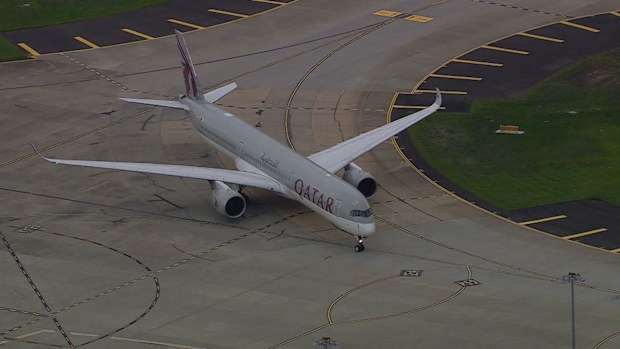 A Qatar flight touches down at Melbourne Airport at about 4.30pm.