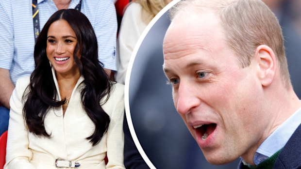 split image of meghan markle and prince william, Markle laughing, Prince William looking surprised