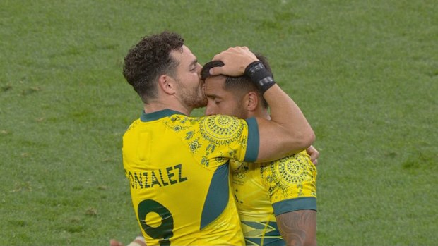 Aussies celebrate winning their sevens quarter final.
