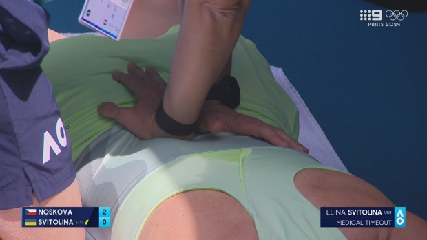 Elina Svitolina took a medical timeout just two games into her fourth round match against Linda Noskova to get treatment on her back.