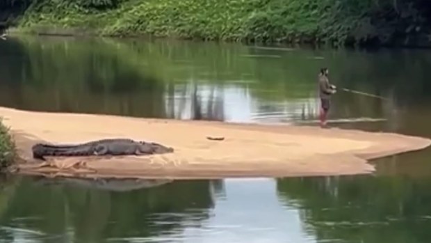 A man has been filmed fishing as a croc lays metres behind him on a riverbank near Cairns.