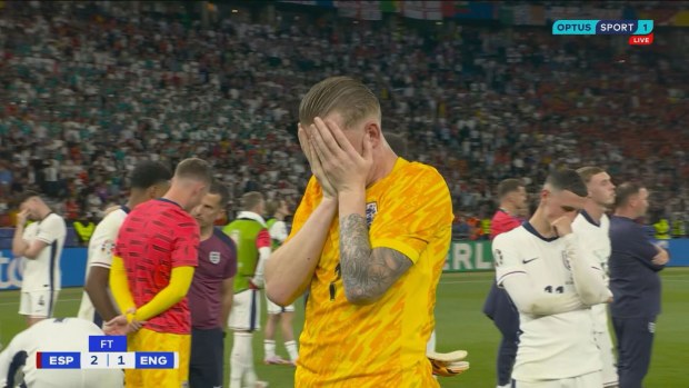 Jordanas Pickfordas reaguoja po paskutinio Anglijos Europos čempionato pralaimėjimo.