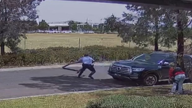 CCTV has shown how fast the car was speeding as police threw stop sticks and tried to intercept it, shortly before it hit the officer.
