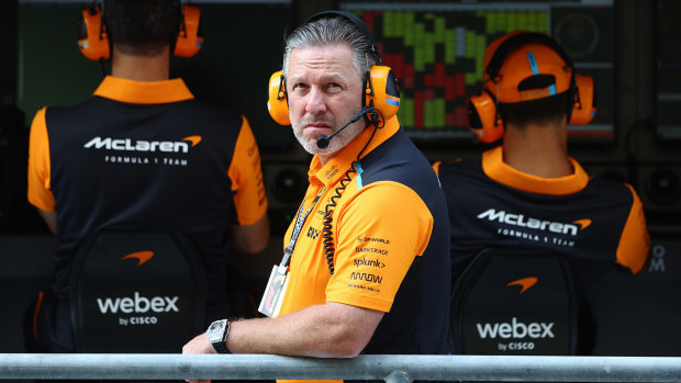 McLaren CEO Zak Brown looks on in the pitlane during practice ahead of the Abu Dhabi Grand Prix.