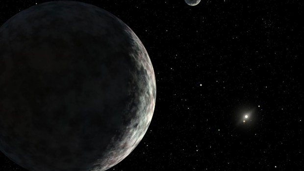 An artist's concept of the dwarf planet Eris and its moon Dysnomia. The sun is the small star in the distance.