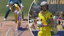 Ellyse Perry is given out lbw on review against England.
