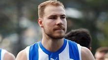 HOBART, AUSTRALIA - JULY 23: Ben McKay of the Kangaroos looks dejected after a loss during the 2022 AFL Round 19 match between the North Melbourne Kangaroos and the Hawthorn Hawks at Blundstone Arena on July 23, 2022 in Hobart, Australia. (Photo by Dylan Burns/AFL Photos)