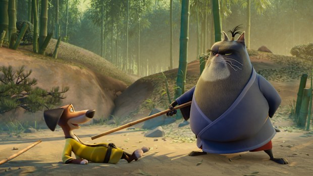Michael Cera as Hank and Samuel L. Jackson as Jimbo in Paws of Fury: The Legend of Hank.