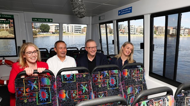 WA Deputy Premier Rita Saffioti, WA Premier Roger Cook, Prime Minister Anthony Albanese and Jodie Haydon during a ferry ride on the Swan River in Perth, Western Australia, on Saturday 12 April 2025, during the 2025 federal election campaign