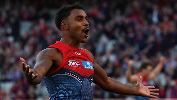 Kysaiah Pickett of the Demons celebrates a goal.