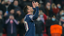 Lionel Messi of Paris Saint-Germain celebrates after scoring his team's fourth goal.