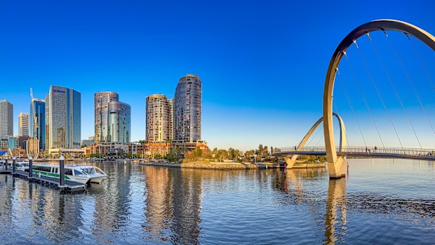 Perth, WA. Panoramic view of Elizabeth Quay Bridge.