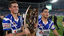 Sonny Bill Williams (left) and Reni Maitua with the Provan-Summons Trophy after winning the 2004 NRL grand final with the Bulldogs.
