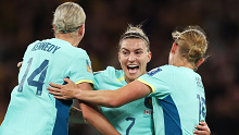 MELBOURNE, AUSTRALIA - JULY 31: Hayley Raso (C) of Australia celebrates with teammates Alanna Kennedy (L) and Clare Hunt (R) after scoring her team's first goal during the FIFA Women's World Cup Australia & New Zealand 2023 Group B match between Canada and Australia at Melbourne Rectangular Stadium on July 31, 2023 in Melbourne, Australia. (Photo by Alex Pantling - FIFA/FIFA via Getty Images)