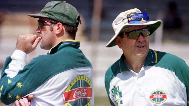 Mark Taylor (left) and Bob Simpson in India in 1996.