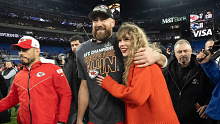 Travis Kelce and Taylor Swift at the AFC Championship NFL football game in Baltimore on January 28, 2024.