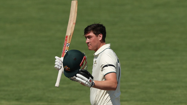 CANBERRA, AUSTRALIA - DECEMBER 08:  Matthew Renshaw of the Prime Ministers XI celebrates and acknowledges the crowd after scoring a century during day three of the Tour Match between PM's XI and Pakistan at Manuka Oval on December 08, 2023 in Canberra, Australia. (Photo by Mark Metcalfe/Getty Images)