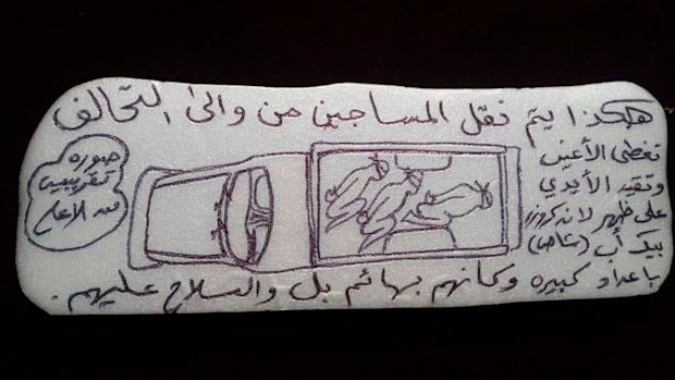 This undated photo obtained by The Associated Press shows a drawing of prisoners being transported in a pickup truck to an Emirati-run prison in Yemen. The Arabic reads: âThis is how they transport the prisoners from and to the coalition. Blindfolded and handcuffed in the back of a Land Cruiser pickup in large numbers as if they are animals and under gunpoint.â (AP Photo)