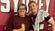 Tom Dearden and his proud mum, Andrea, in the Queensland sheds after the Maroons' series-clinching win.