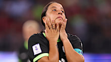 PERTH, AUSTRALIA - MARCH 17: Sam Kerr of Australia looks dejected during the AFC Women's Asian Cup Australia 2026 Semi Final match between Australia Matildas and China PR at Perth Stadium on March 17, 2026 in Perth, Australia. (Photo by Paul Kane/Getty Images)