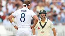 LONDON, ENGLAND - JUNE 28: Stuart Broad of England and David Warner of Australia during Day One of the LV= Insurance Ashes 2nd Test match between England and Australia at Lord's Cricket Ground on June 28, 2023 in London, England. (Photo by Ryan Pierse/Getty Images)