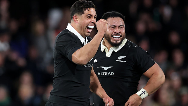 Anton Lienert-Brown of the New Zealand All Blacks celebrates on fulltime.