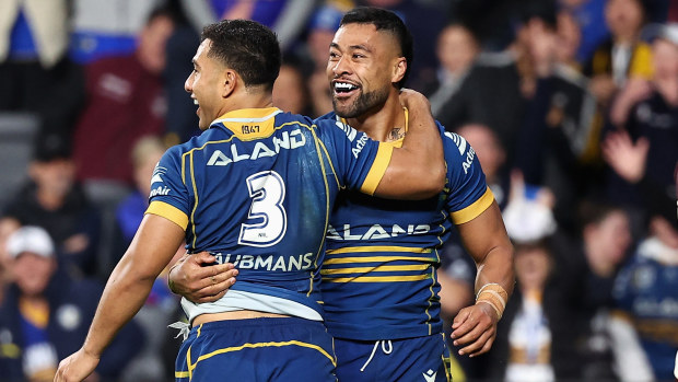 Makahesi Makatoa of the Eels celebrates scoring a try with Will Penisini of the Eels during the round 16 NRL match between Parramatta Eels and Manly Sea Eagles at CommBank Stadium on June 17, 2023 in Sydney, Australia. (Photo by Cameron Spencer/Getty Images)