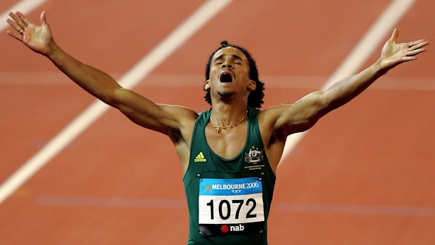 John Steffensen celebrates winning gold in the 400 metres at the Melbourne 2006 Commonwealth Games.