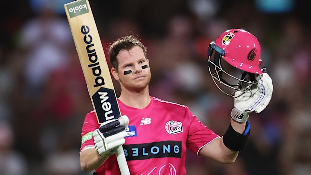 SYDNEY, AUSTRALIA - JANUARY 16:  Steve Smith of the Sixers celebrates and acknowledges the crowd after scoring a century during the BBL match between Sydney Sixers and Sydney Thunder at the Sydney Cricket Ground, on January 16, 2026, in Sydney, Australia (Photo by Matt King - CA/Cricket Australia via Getty Images)
