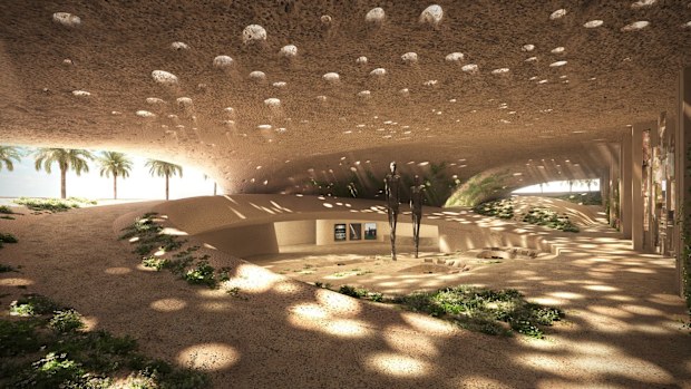 An "oasis" will be "hidden beneath a vast dune-like carapace at the foot of the tower," according to a press release. Courtesy RCR Arquitectes/Muraba