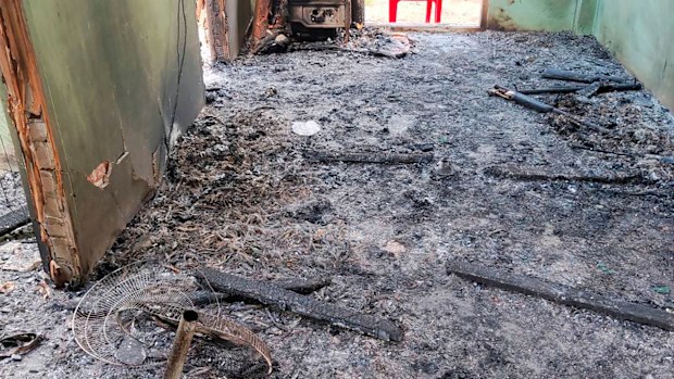 Debris and soot cover at a school in Let Yet Kone village in Tabayin township in the Sagaing region of Myanmar the day after an air strike