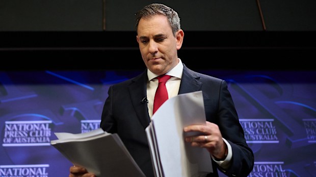 Australian Treasurer Jim Chalmers during an address at the National Press Club on 18 June, 2025.