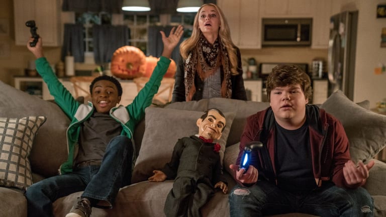 Caleel Harris, Madison Iseman, Slappy and Jeremy Ray Taylor in Columbia Pictures' Goosebumps 2 Haunted Halloween.