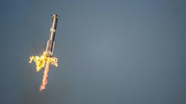 The Starship Flight 8 booster returns the launchpad at SpaceX's South Texas facilities on March 6.