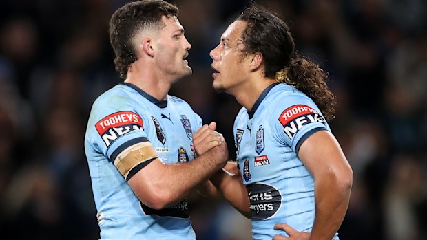 Nathan Cleary and Jarome Luai during game one of the 2022 State of Origin series between the New South Wales Blues and the Queensland Maroons at Accor Stadium on June 08, 2022, in Sydney, Australia. (Photo by Cameron Spencer/Getty Images)