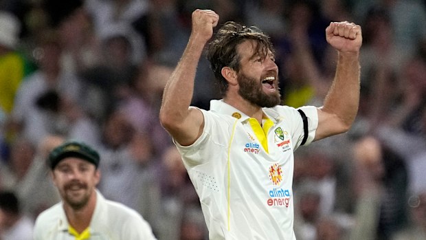 Michael Neser takes the wicket of Haseeb Hameed of England.