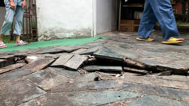 This photo provided by The Mount Carmel Presbyterian Church shows the damaged pavement outside the church following an earthquake, in Yuli township in Hualian, eastern Taiwan, Sunday, Sept. 18, 2022. (The Mount Carmel Presbyterian Church via AP)