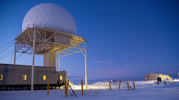 Day breaks at the North American Aerospace Defense Command (NORAD) Point Barrow Long Range Radar Site, north of the northernmost town in the United States in Utqiagvik, Alaska, in February 2023.