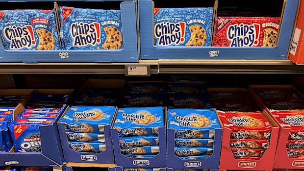 Packages of Chips Ahoy cookies are displayed next to Aldi Supermarket's Benton's brand cookies on May 30, in Burbank, California.