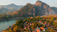 Scenic aerial view of Luang Prabang town and Mekong river