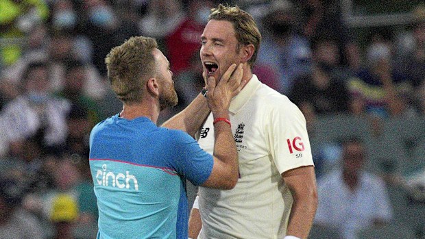 Stuart Broad is checked by a team trainer after a delivery by Jhye Richardson hit him in the helmet.