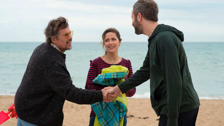 Ethan Hawke, Rose Byrne and Chris O'Dowd in a scene from Juliet, Naked.