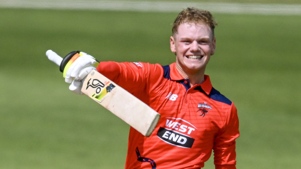 ADELAIDE, AUSTRALIA - OCTOBER 08:  Jake Fraser-McGurk of the Redbacks  celebrates bringing up his record breaking century during the Marsh One Day Cup match between South Australia and Tasmania at Karen Rolton Oval, on October 08, 2023, in Adelaide, Australia. (Photo by Mark Brake/Getty Images)