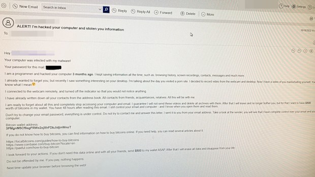 An email Ms Cromb's hacker sent her demanding she pay them $500 in bitcoin.