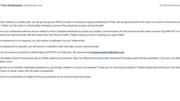 The email passed on to 9News.com.au announced redundancies at Twitter.