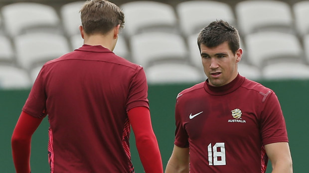 Mat Ryan and Mitch Langerak during a Socceroos training session.