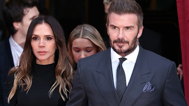 Victoria Beckham and David Beckham and family leaving their hotel during Haute Couture Spring Summer 2026 as part of Paris Fashion Week on January 26, 2026 in Paris, France. 