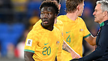 GOLD COAST, AUSTRALIA - SEPTEMBER 05: Nestory Irankunda of Australia looks on after receiving a yellow card during the round three 2026 FIFA World Cup AFC Asian Qualifier match between Australia Socceroos and Bahrain at Robina Stadium on September 05, 2024 in Gold Coast, Australia. (Photo by Matt Roberts/Getty Images)