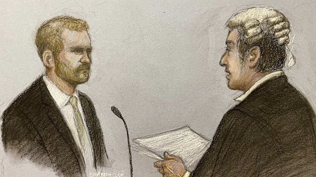 This court artist sketch by Elizabeth Cook shows Britain's Prince Harry, left, with his counsel David Sherborne giving evidence at the Rolls Buildings in central London, Wednesday, June 7, 2023 